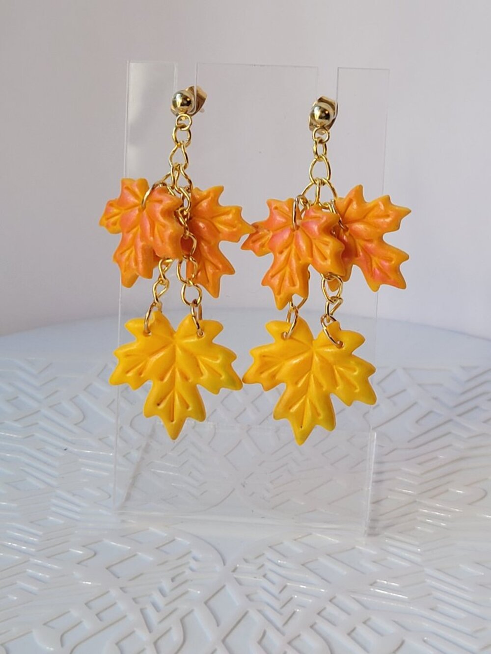 Maple Leaf Dangle Earrings | Polymer Clay Fall Earrings | Orange & Yellow